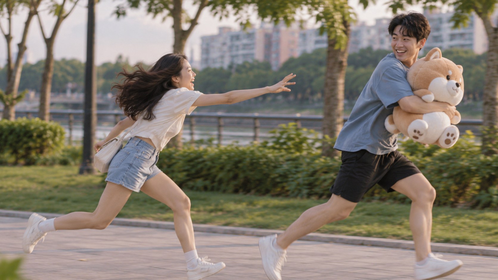 Jamie chasing Roy, who carries a plush toy, along a waterfront path